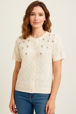 Womens White Knit S Short Sleeve Cardigan Sweater Rose Embroidery Button Front