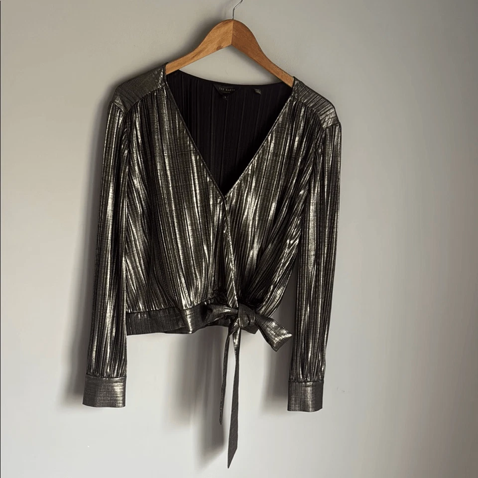 Ted Baker Elwiira Gathered Metallic Wrap Top - Gray Large - Image 2 of 4