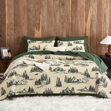 King Rustic Quilt Set 3 Piece, Cabin Woodland Forest Mountain Reversible Bedspre