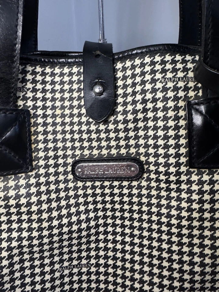 Vtg Ralph Lauren Houndstooth Tote Bolsa de Ombro Revestida de Lona de Couro - Imagem 2 de 4