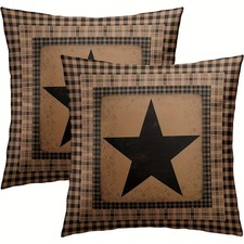2P Black Tan Plaid Star Throw Pillow Cover Rustic Farmhouse Primitive Home Decor
