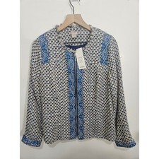 Chicos Blue Tweed Paisley Print Zip Front Fringe Jacket Metallic Size 1 US 8/10