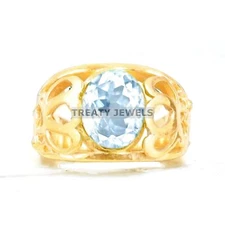 Aquamarine Oval Cut With 925 Sterling Silver Gold Plated Ring For Men's #A154