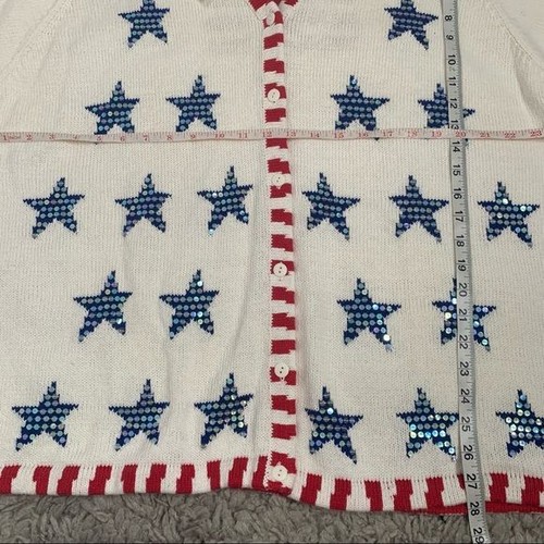 NWT The Quacker Factory Patriotic Star Print And Sequin Burton Down Cardigan - Picture 12 of 12
