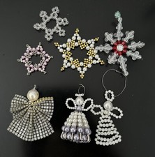 Lot of 7 Handmade Angel  Stars Beaded Pearled Christmas Ornaments White Gold