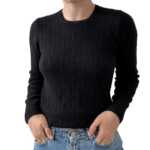 Vintage J crew Womens Black Ribbed Cashmere Angora Blend Cable Knit Sweater Sz M - Picture 1 of 6