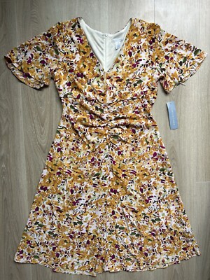 London Times Womens Dress UK 12 Plum Gold Yellow Floral