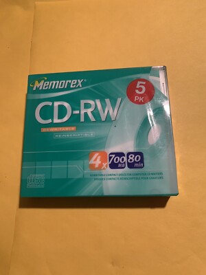 MEMOREX CD-RW 5 PK W/Slim Jewel Cases 700MB / 80Min 4X Speed Factory Seal