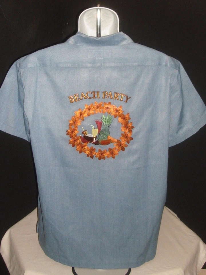  CARIBBEAN JOE BLUE EMBROIDERED "BEACH PARTY" POLY/RAYON S/S HAWAIIAN SHIRT SZ S - Image 2 of 4
