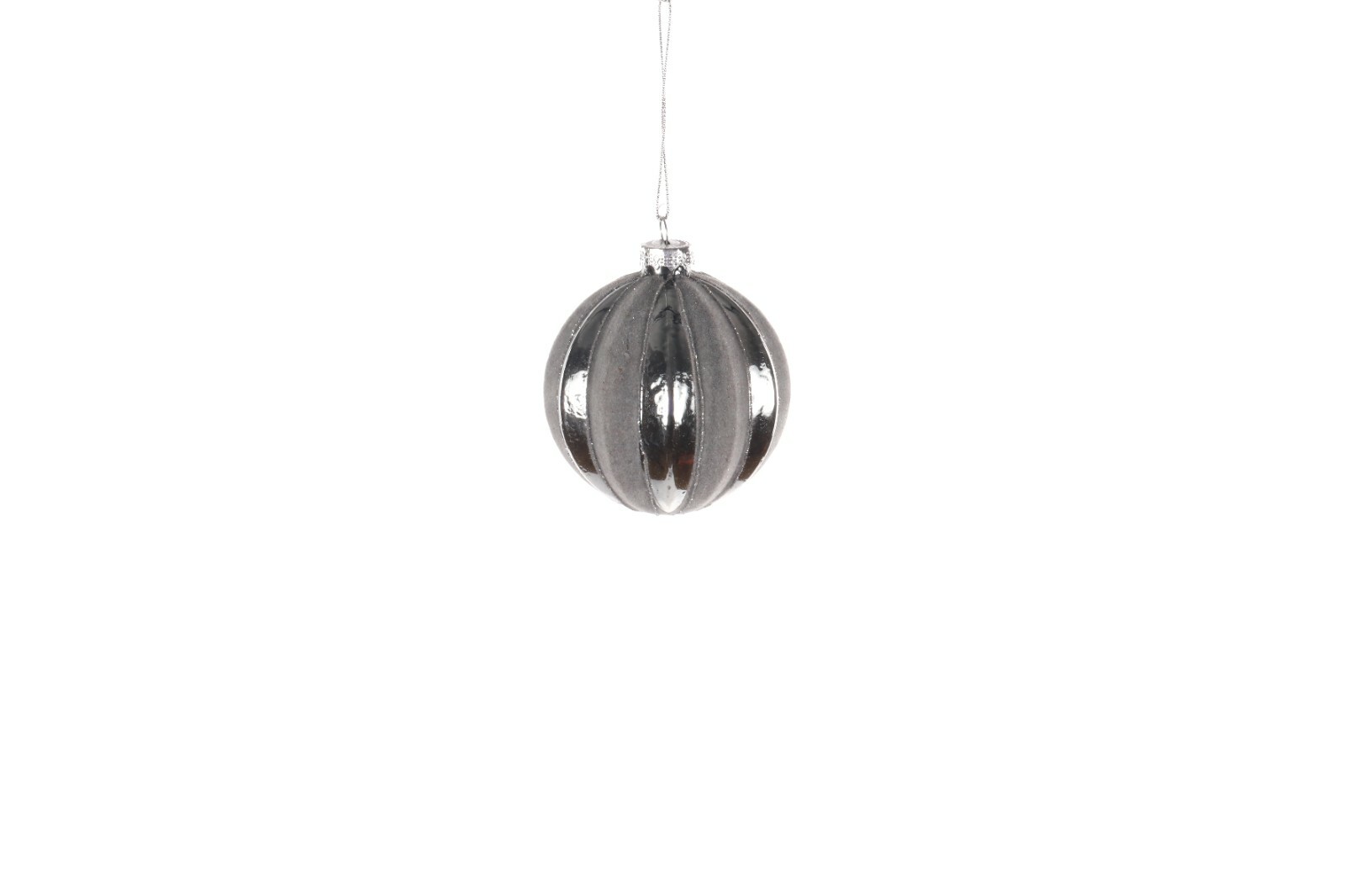JINGLES GLASS GREY AND SILVER RIBBER BAUBLE 8CM CHRISTMAS DECORATION