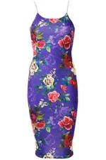 Womens Ladies Floral Print Cami Bodycon Valentines Stretch Midi Cocktail Dress