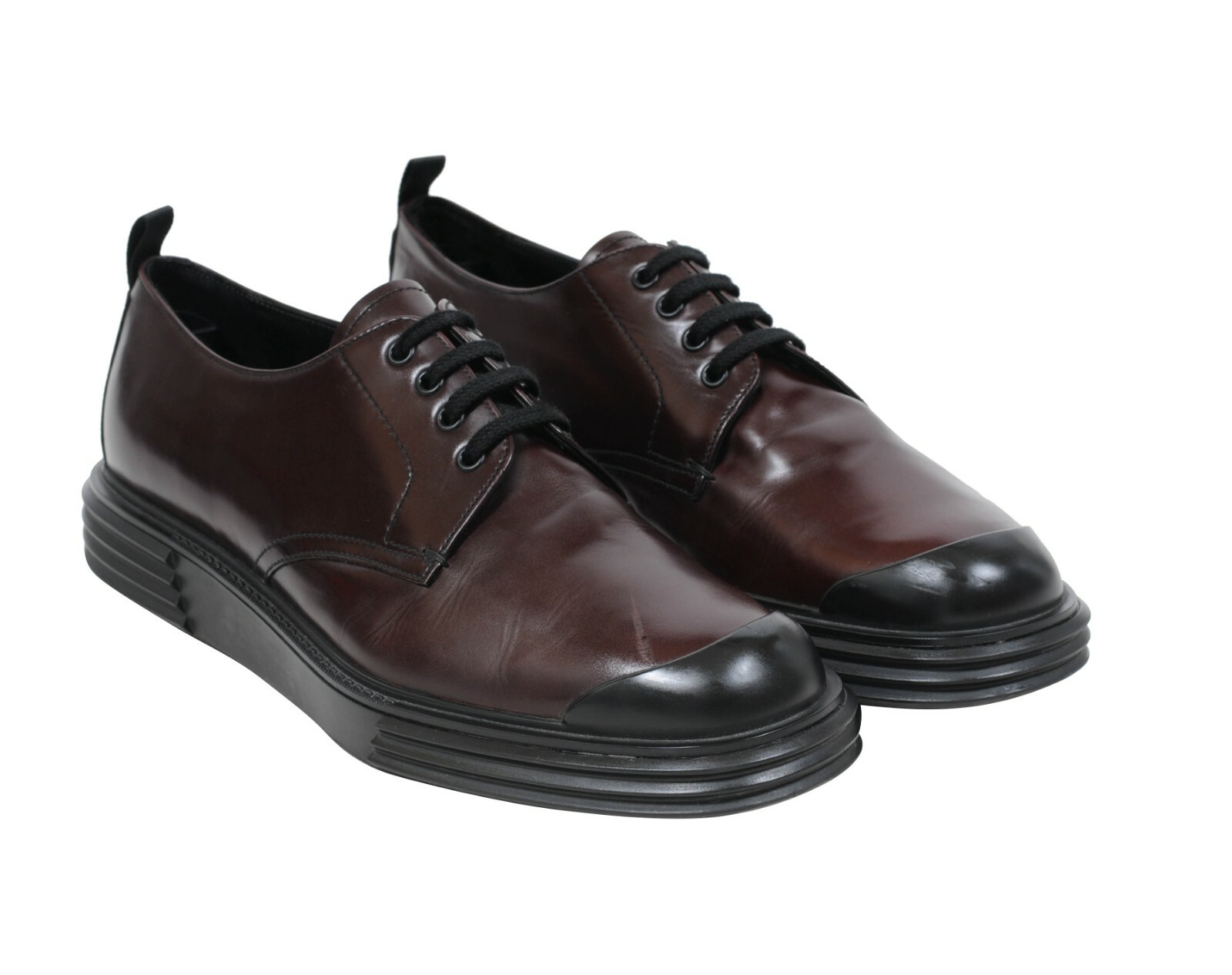 SAOLA Prada Cap Toe Derby taglia US12 UK11 bordeaux marrone pelle brogue suola gomma