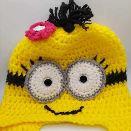 Minions Yellow Handmade Crocheted Hat Cap Kids Girls 8.5" Wide, 7.5" Tall Head - Picture 2 of 8
