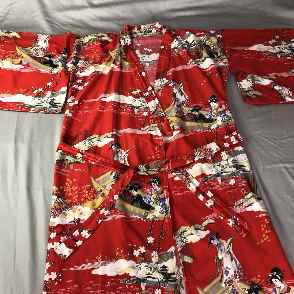 Bata Kimono 100% Algodón Estampado Geisha Floral Rojo Hecho en Japón S-M-L Con Cinturón De Colección Foto 2 de 4