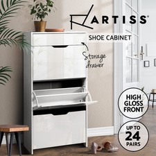 Artiss Shoe Rack Storage Cabinet High Gloss Adjustable Shelves 24 Pairs White