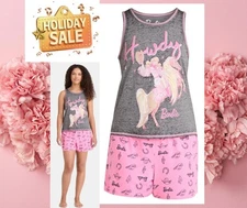 Barbie Women’s 2 Piece Pajama PLUS Set 2X 18W-20W Tank Top Short Gray Pink Howdy