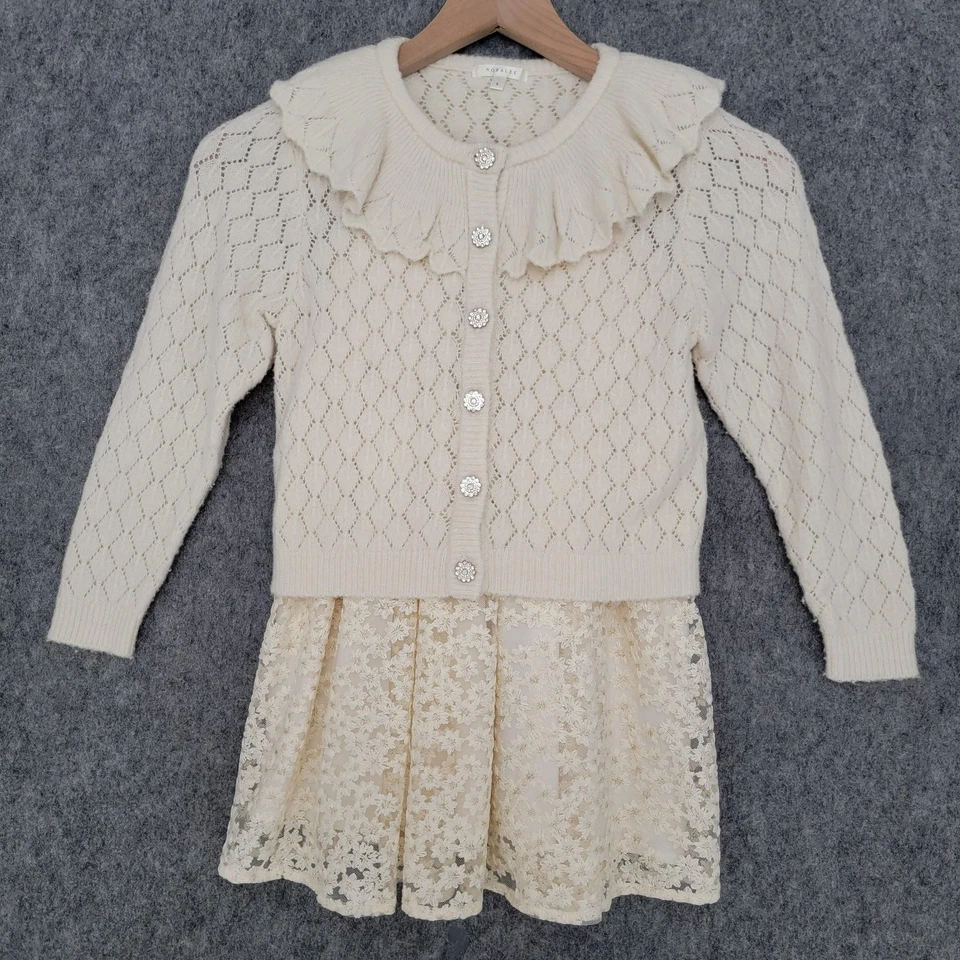 Conjunto Cárdigan Vestido Noralee Niñas 6 Marfil Dorado Encaje Floral Volantes Tejido Vacaciones Foto 2 de 4