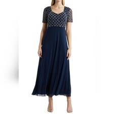 Pisarro Nights Evening Gown Womens 4 Navy Beaded Faux Pearl Bodice Formal Maxi