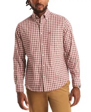 Nautica Mens Classic Fit Wrinkle Resistant Plaid Button Down Shirt in Red Size L