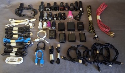 50 Piece Mixed Phone Charger Lot Cables Wall Blocks Car Charger Untested