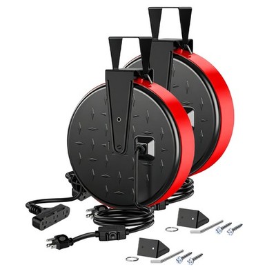 2 Pack 30 ft Retractable Power Cord Reel, 16/3 SJTW, 3 Grounded Outlets, 180°