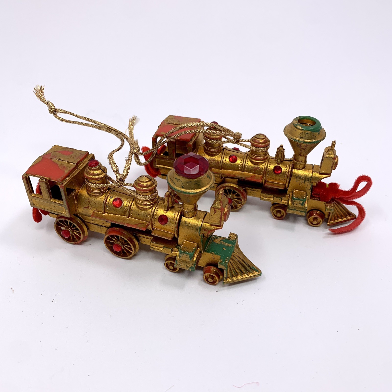 Lot 2 Vtg Koestel Golden Jeweled Train Engine Christmas Ornament W Germany Flaws