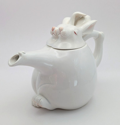 Vintage Fitz & Floyd Bunny Hop Teekanne Tango tanzende weiße Hasen