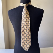 Jos A Bank Silk Tie Gold Blue Medallion Neat Pattern Made in USA Classic Necktie