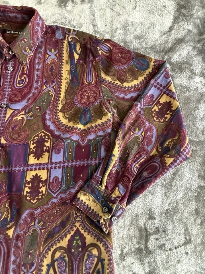 Northern Isles 佩斯利灯芯绒纽扣衬衫男式 M 码长袖西部 — 第 3/4 张图片