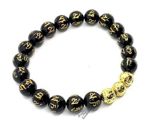 Bracciale Buddista Elastico Ossidiana Nera e Roccia Lavica con Mantra Inciso - - Foto 22 di 33