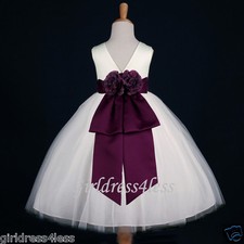 IVORY/PLUM EGGPLANT DARK PURPLE PAGEANT FLOWER GIRL DRESS 12-18M 2 4 6 8 10 12