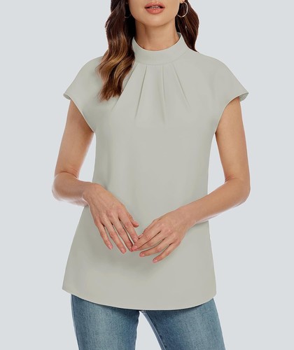 Womens Summer Tops Mock Neck Short Cap Sleeve Blouses Casual Work Chiffon Shirts - Picture 72 of 91