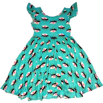 Dot Smile Girls 5 6 Green Heart Eyes Spikes Teal Empire Twirl Dress NWT
