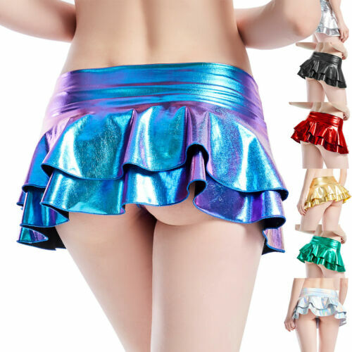 Women Shiny Skirt Mini High Waisted Rave Dance Lingerie Bottoms Party Clubwear - Picture 5 of 30