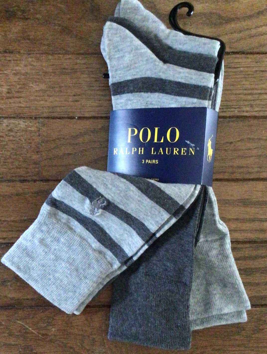 Nuove calze eleganti Polo Ralph Lauren uomo grigie righe tinta unita pony lunghe confezione da 3