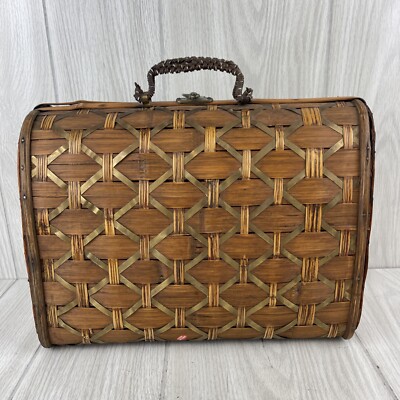 VTG Woven Wicker Rattan & Brass Basket Purse Sewing Tea Basket Attache Case