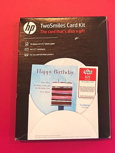 NEU VERSIEGELT HP TwoSmiles Kartenset; 20 Blatt insgesamt 5x7 Fotopapier & Umschlag