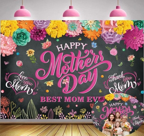 Happy Mother'S Day Banner Backdrop 7X5Ft Colorful Flowers Paper Best Mom Ever Ba