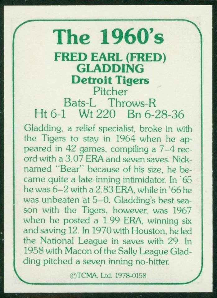 Original Autograph of Fred Gladding of the Detroit Tigers on a 1978 TCMA Card - Image 2 of 3