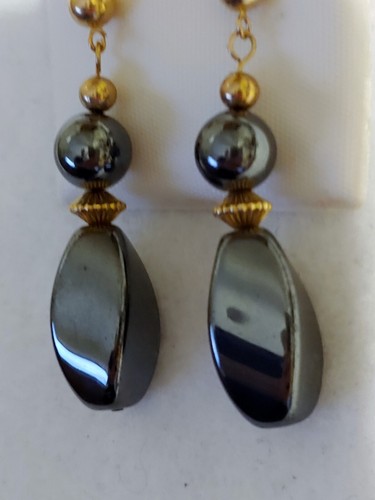 NEW- 14k Yellow Gold ( Hematite ) Dangle Earrings-1 5/8 in Long-14.5 Grams total - Picture 2 of 5