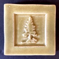 Pewabic Detroit Pine Tree, 4" x 4" tile, yellow green matte finish, stamped 2001