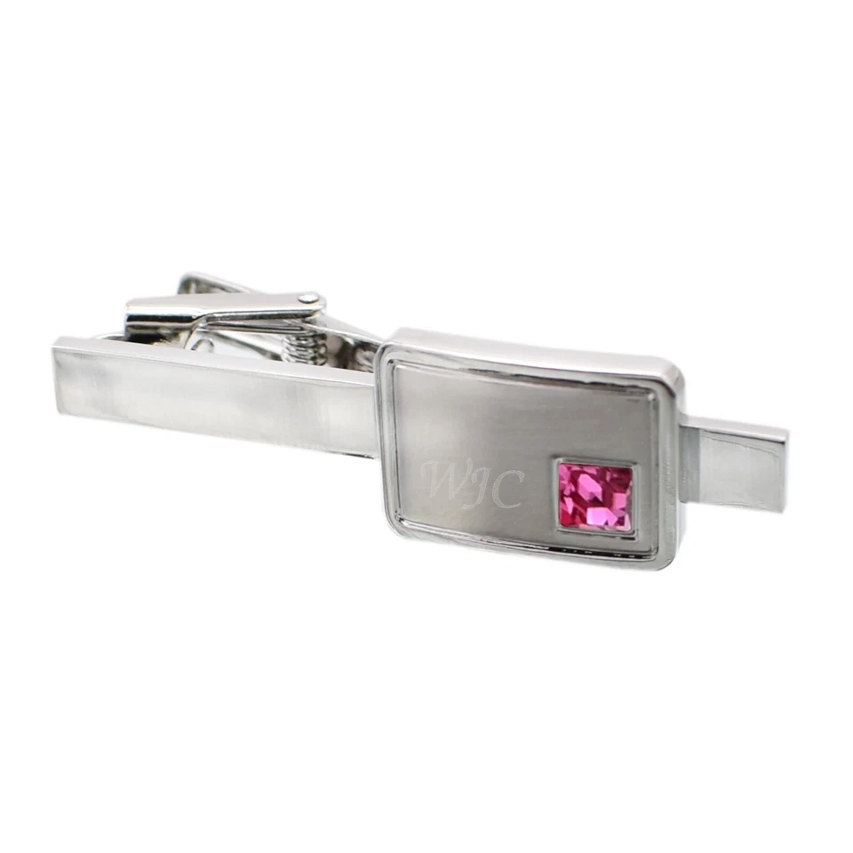 Grabado con iniciales cepillado enchapado en rodio cristal piedra de nacimiento clip de corbata T203 Foto 3 de 4