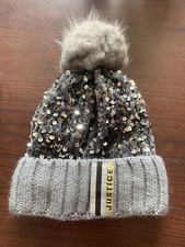 Girls Justice Winter Hat Gray Sequins Velvet Crochet Pom Pom One Size