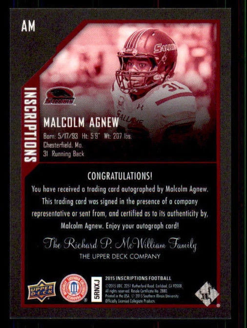 2015 Upper Deck Inscriptions #AM Malcolm Agnew Rookie Auto (ref 29627) - Image 2 of 2