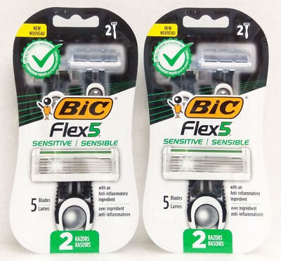 Lot of 2 BIC Flex5 Sensitive 5 Blades Razors, 2 Razors each pack