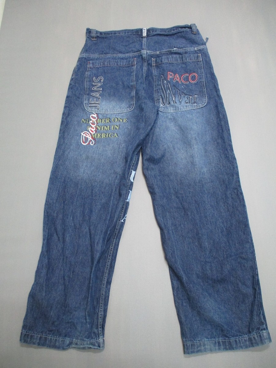 PACO Jeans Adult 34x32 Blue Y2k Spellout AOP Baggy Wide leg