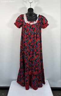 Vintage 80s e. mina Women's Red Rose Floral Cotton Muumuu Maxi Dress Sz 9