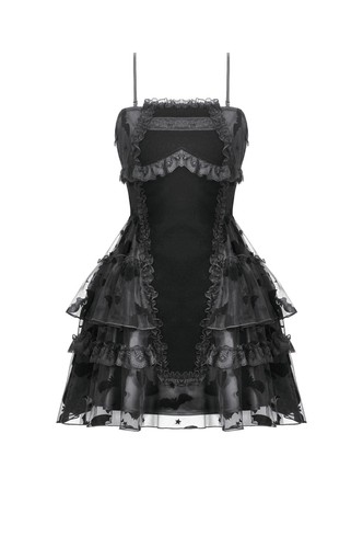Dark In Love Women Black Gothic Bat Coffin Mesh Spliced Velvet Short Dress - Picture 15 of 22