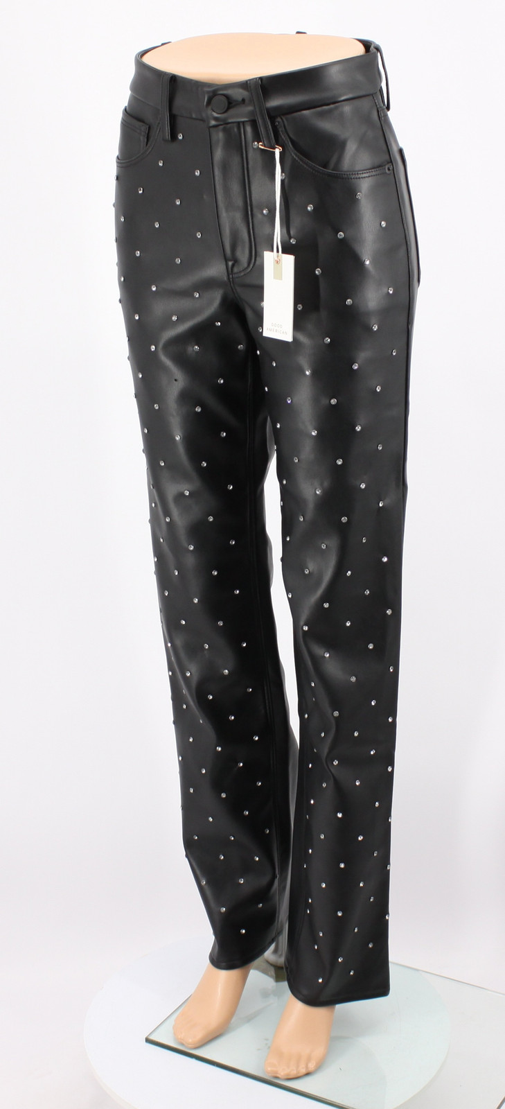 GOOD AMERICAN WOMENS FAUX LEATHER TROUSERS STUDDED BLACK SIZE 2/26 RRP £190 EG