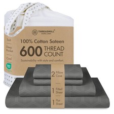 Threadmill King 600TC 100 Cotton Sheets 4-Piece Set Deep Pocket Sateen Dark Gre